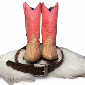 Stylish Pink and Tan Heeled Boots